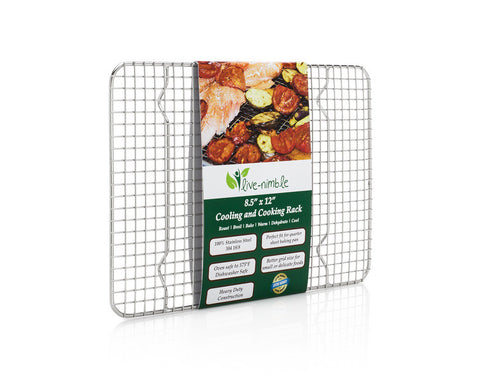 100% Stainless Steel Cooling Rack, Baking Rack, Roasting Rack and Cooking Racks.  Broil With This Heavy Duty Wire Rack. Oven Safe to 575°F.  Perfect Fit Quarter Sheet Baking Pan (8.5"x12")