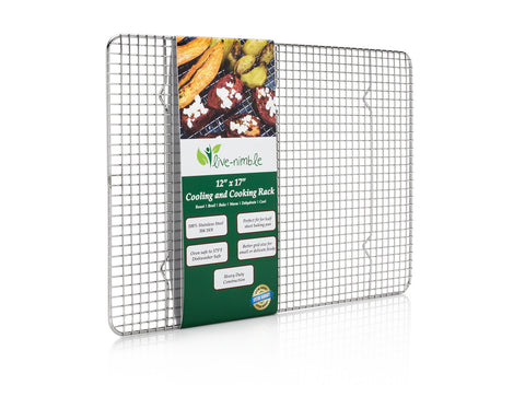 Live-Nimble Premium 100% Stainless Steel Cooling Rack Also Cooks, Roasts, Grills to 575 F. Heavy Duty Wire Grid Cools Cookies Perfectly. Fits Half Sheet Baking Pan. 12x17 inch